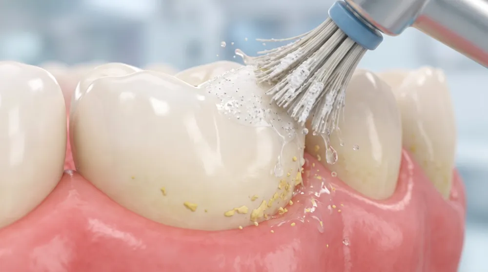 A polishing brush cleaning plaque from a tooth