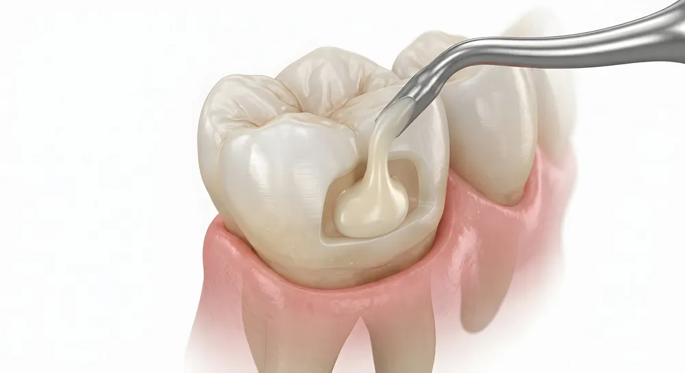 A tooth-colored filling material being placed into a prepared cavity