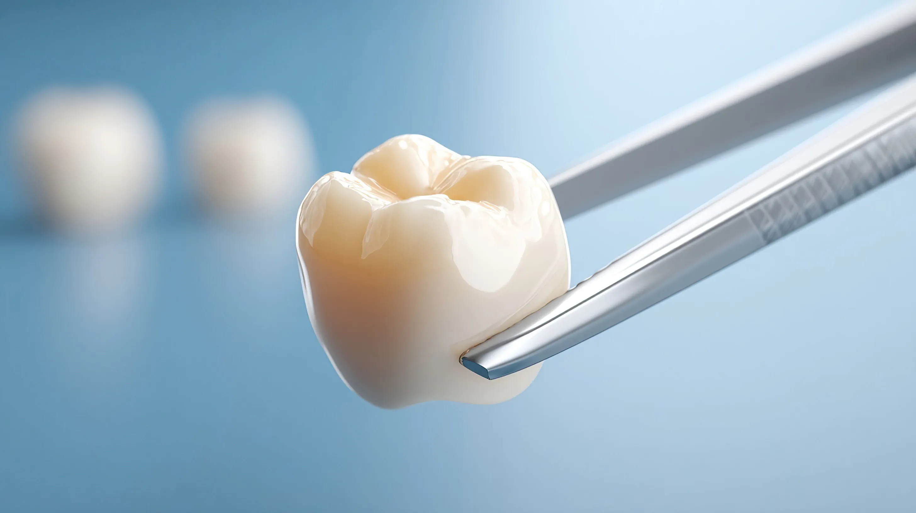 A tooth being held in dental tweezers